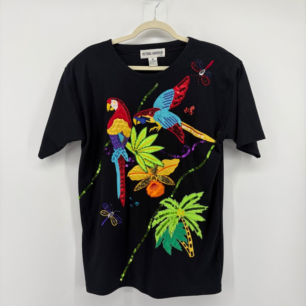 Victoria Harbour Womens Medium Black T-Shirt Tropical Macaw Sequin Embroidered